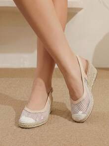 Styleloop Women's Wedge Heel Platform Shoes, Straw Platform, Lace Upper, Bohemian Style, Travel Essentials, Summer Wear, Vacation Atmosphere - Beige - View 2
