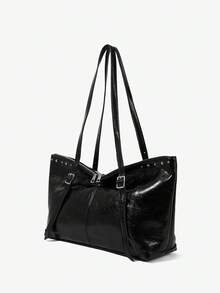 Viva Strut Women's Tote Bag, Y2K Spice Girl, Rivet Decoration, Folding Bag Mouth Design, Large Capacity, Suitable For Shopping And Commuting To Campus - Black - View 1