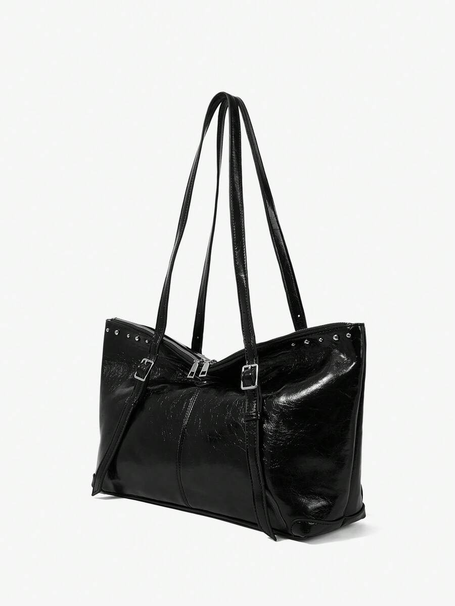 Viva Strut Women's Tote Bag, Y2K Spice Girl, Rivet Decoration, Folding Bag Mouth Design, Large Capacity, Suitable For Shopping And Commuting To Campus - Black - View 1