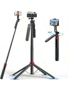 Tripod Selfie Ponsel 4 Kaki yang Dapat Ditarik, Tripod Vlog Portabel dengan Penjepit Ponsel Multifungsi & Kontrol Jarak Jauh yang Dapat Diisi Ulang, Kompatibel dengan Ponsel Android, Alat Bantu Latihan Golf untuk Liburan di Luar Ruangan dan Siaran Langsung - Hitam - View 9
