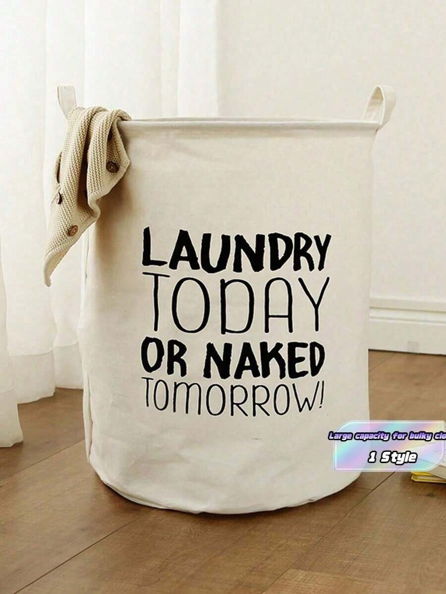 1pc Polyester Laundry Basket, Modern Letter Graphic Laundry Basket For Home Laundry Hamper, Washing Basket Bathroom Organizer, Basket, Storage Basket, Foldable Laundry Basket - Beige - View 1