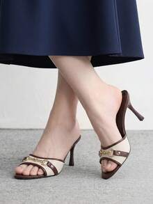 CUCCOO BIZCHIC 女款春夏新款棕色金屬扣開頭高跟涼鞋 時尚舒適百搭通勤女鞋 - 牛津布咖啡3# - 查看 3
