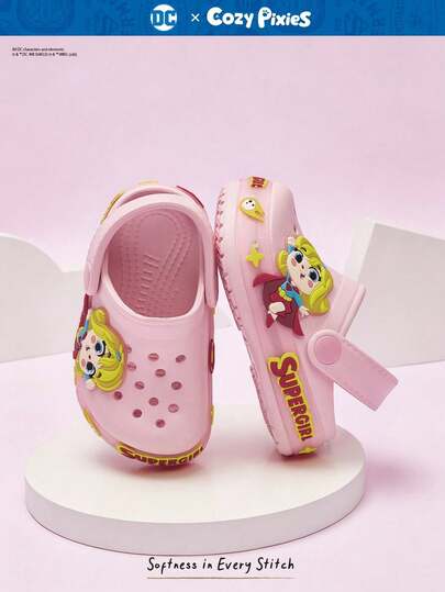 SUPERMAN X Cozy Pixies Girls Comfortable Pink Cartoon Cute Childlike Lightweight Breathable Versatile Beach Baby Clogs Shoes Childlike Light Shoes Seaside Beach Vacation