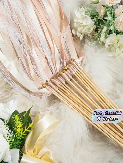 10/30/50PCS Champagne Color Three Layer Lace Ribbon Gold Bell Magic Fairy Wand Party Wand Ribbon Stick For Wedding Birthday Graduation Bachelorette Bridal Shower Room Decor Gift Supplies Must Haves