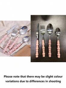 Set Peralatan Makan Stainless Steel 4 Buah dengan Hiasan Manik-Manik, Pisau, Aksesoris Dapur, Hadiah Natal, Perlengkapan Sekolah - Berwarna merah muda - View 7