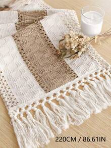 Cirelle 1PC Boho Hollow Woven,Macrame Tassel Table Runner,Contrast Stitching Craft,Striped Table Decor,Dining Coffee Cabinet Tabletop,Home Decor Enthusiasts,Party Wedding Banquet Layout,Farmhouse Style Household Ornament - Beige - View 11