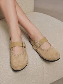 Solecia Women's Shoes Spring And Summer New Rivets Square Buckle Closed Toe Design Flat Bottom Comfortable Casual Suede Women's Slippers Travel Vacation Wear - Brown - View 9