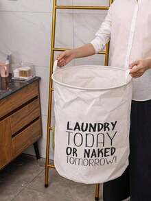 1pc Polyester Laundry Basket, Modern Letter Graphic Laundry Basket For Home Laundry Hamper, Washing Basket Bathroom Organizer, Basket, Storage Basket, Foldable Laundry Basket - Beige - View 3