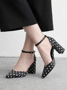 CUCCOO BIZCHIC 女款新款黑色波點緞面布料簡約優雅尖頭粗跟高跟鞋，女款扣環腳踝帶鏤空涼鞋，優雅 - 黑色波點 - 查看 5