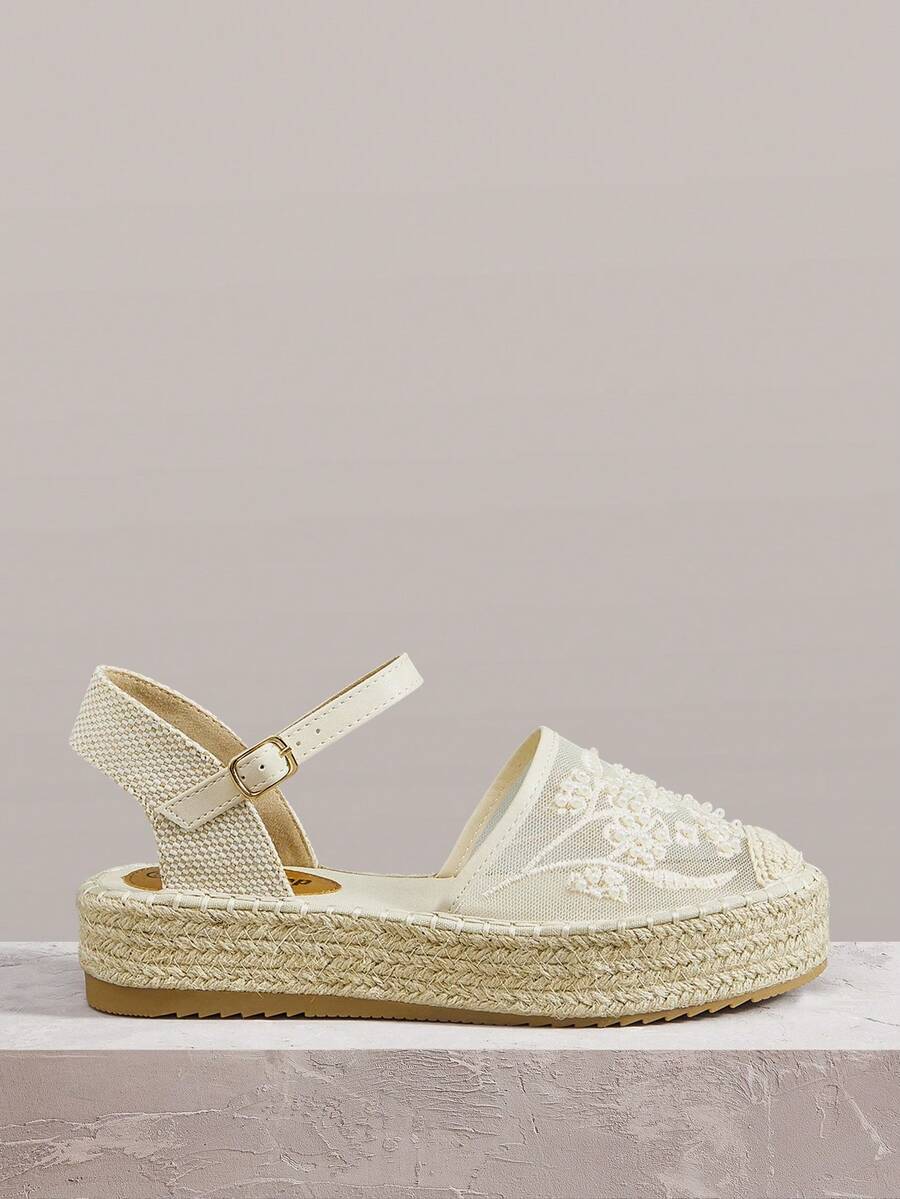 Styleloop Zapatos de mujer con suela gruesa, punta redonda, malla, bordado y perlas, estilo de vacaciones en la playa - Albaricoque - Ver 1