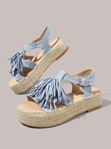 Styleloop 女款流蘇麻繩厚底涼鞋 夏季鞋 - 藍色 - 查看 3