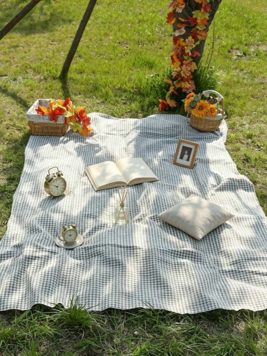 1 tấm thảm dã ngoại họa tiết kẻ ô, phù hợp cho cắm trại ngoài trời - Lưới màu xám - Xem 1