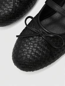 CUCCOO BIZCHIC Women's Black Woven Mary Jane Flats - Round Toe Ballet Shoes With Bow & Adjustable Buckle Strap, Comfortable Casual Dress Shoes For Work Office - Black - View 7