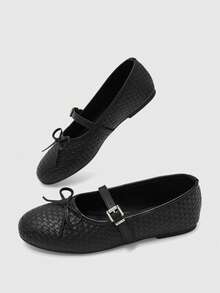 CUCCOO BIZCHIC Women's Black Woven Mary Jane Flats - Round Toe Ballet Shoes With Bow & Adjustable Buckle Strap, Comfortable Casual Dress Shoes For Work Office - Black - View 10