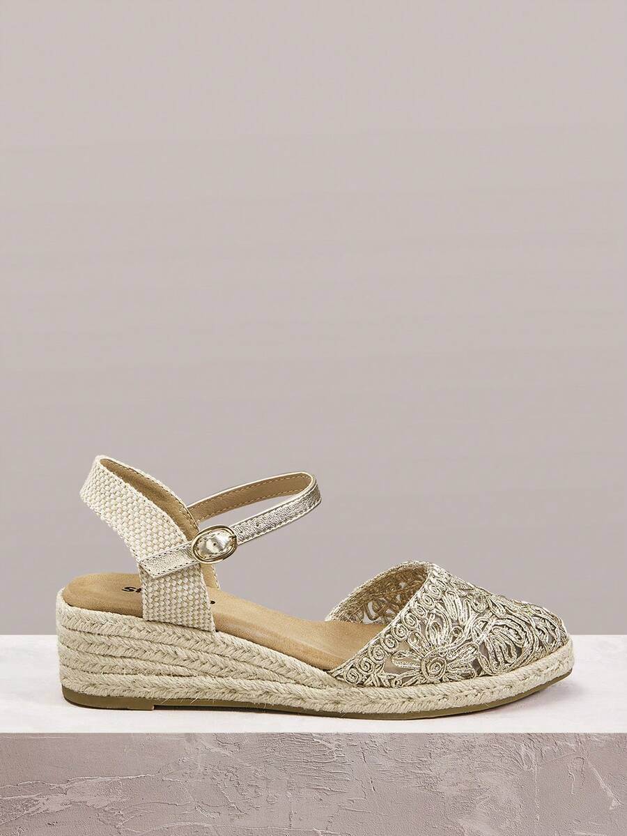 Styleloop Women's Wedges & Platform Shoes, Golden Sunflowers, Hollow Lace Closed Toe Sandals, Vacation Wear, Travel Essentials, Bohemian Style - Gold - View 1