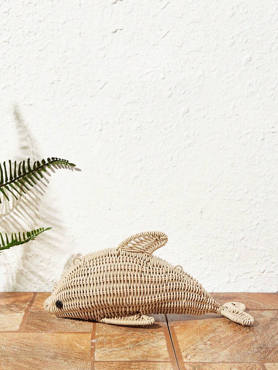 SHECARRY Women's Fashion Personality Fun Khaki Dolphin Shape, Summer Vacation, Seaside, Beach Hand-Woven Slash Shoulder Bag - skin tone - View 1