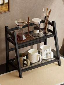 2-Tier Countertop Storage Organizer Rack, Black Metal Frame With Textured Glass Shelves, Multi-Purpose Desktop Display Stand For Kitchen Spice, Bathroom Toiletries, Makeup, Plants - Multicolor - View 2