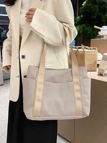 Unisex Casual Shoulder Bag, Large Capacity Handbag, Student Backpack, Solid Color Shoulder Bag, Gym Bag, Travel Bag, Suitable For School And Work - Pink - View 12
