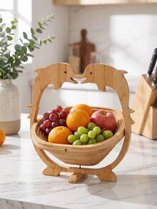 Cirelle 1pc Collapsible Wooden Fruit Basket, Animal Shaped Bamboo Folding Fruit Storage Bowl Countertop Tray - primary color - View 4
