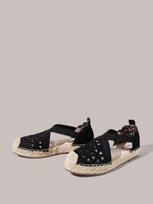 Styleloop Modische Damen-Flats in Schwarz mit Blumenstickerei, Hohldesign, Strohsohle und elastischem Band, geeignet für Outdoor, Urlaub und Shopping - Schwarz - Übersicht 9