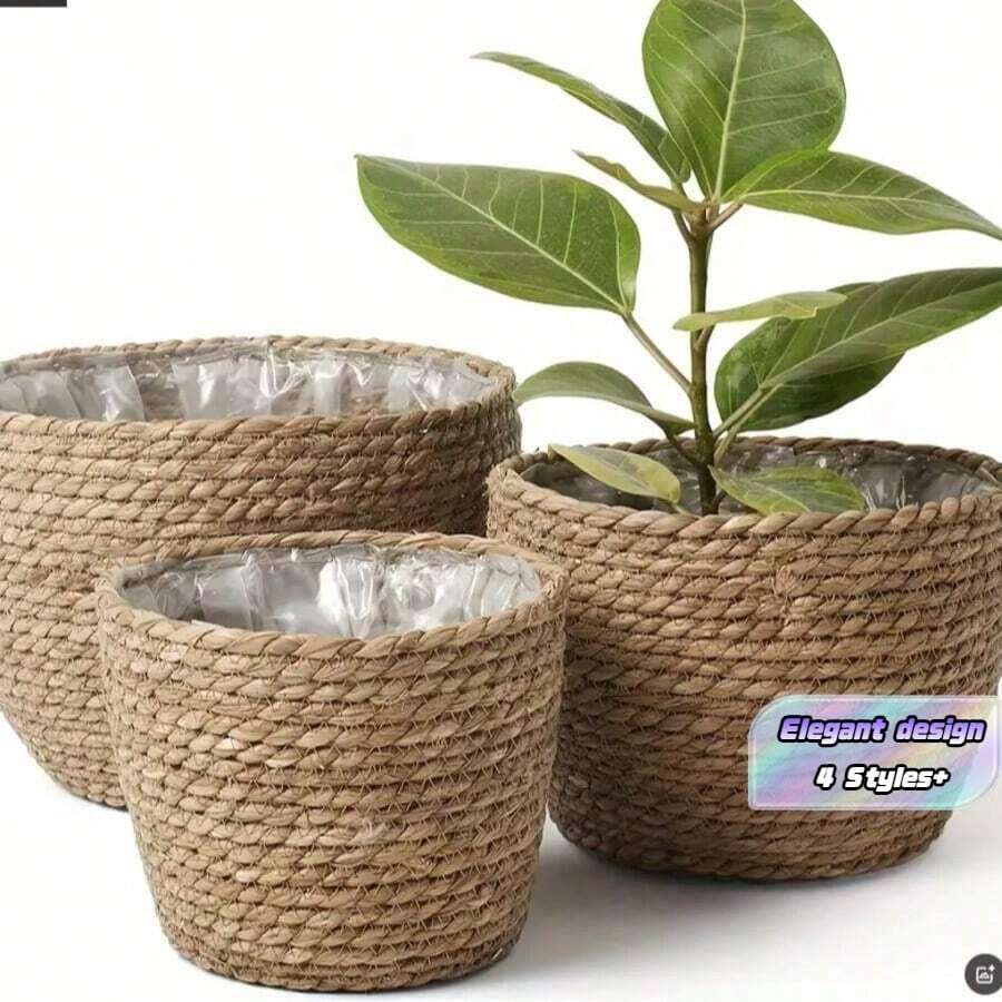 Woven Flower Pot, Nordic Style Rattan Flower Basket For Living Room, Balcony Decor, Potted Plants Home Decor Vase Room Decor Flower Vase Glass Vase - Coffee Brown - View 1