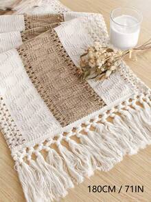 Cirelle 1PC Boho Hollow Woven,Macrame Tassel Table Runner,Contrast Stitching Craft,Striped Table Decor,Dining Coffee Cabinet Tabletop,Home Decor Enthusiasts,Party Wedding Banquet Layout,Farmhouse Style Household Ornament - Beige - View 15