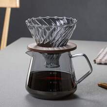 1件組手沖咖啡沖煮設備－含玻璃濾杯與咖啡壺、木製底座，專業咖啡沖煮套組，適合居家/辦公室/送禮（含玻璃濾杯與耐熱底座） - H - 查看 3