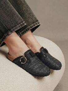Solecia 女款黑色草編拼接色塊包頭拖鞋，軟木底休閒戶外金屬扣穆勒拖鞋 - 黑色 - 查看 4