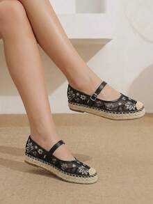 Styleloop Spring And Summer Black Mesh Embroidery Flower Women's Flat-Soled Shoes Mary Jane Shoes Are Suitable For Outdoor Vacation Travel Beach Breathable - Black - View 6