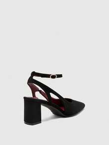 CUCCOO BIZCHIC Black Flannel Party Commute Simple Fashion Glossy Closed Toe Pointed Toe Exposed Heel Thin Ankle Strap High Heel Medium Thick Heel Shoes - Black - View 8
