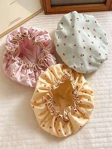 Haus Hana Cherry‑Print Double‑Layer Shower Cap For Women, Waterproof Elastic Bath Cap, Reusable Hair Cover For Bath & Kitchen Anti‑Oil‑Smoke Use - Multicolor - View 4