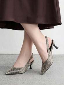 CUCCOO BIZCHIC French Light Luxury Snake Pattern Pointed Back Strap Retro Elegant Fine Heel Commuter Kitten And Shoes - Grey - View 3
