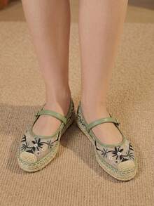 Styleloop 春夏綠色網布刺繡花卉女款平底瑪麗珍鞋，適合戶外度假旅行海灘，透氣 - 軍綠色 - 查看 4