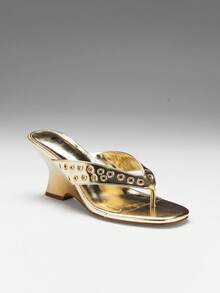 SHUZIA Women's Elegant Minimalist Rivets Decor Thong Strap Wadge Sandals - Gold - View 7