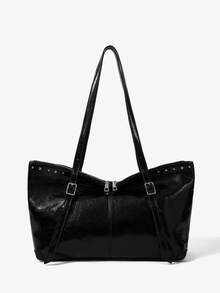 Viva Strut Women's Tote Bag, Y2K Spice Girl, Rivet Decoration, Folding Bag Mouth Design, Large Capacity, Suitable For Shopping And Commuting To Campus - Black - View 3