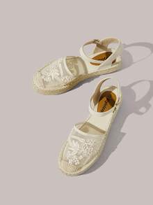 Styleloop Zapatos de mujer con suela gruesa, punta redonda, malla, bordado y perlas, estilo de vacaciones en la playa - Albaricoque - Ver 3