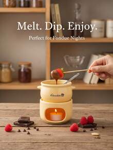 Cirelle 1pc Ceramic Chocolate Fondue Set With Tealight Candle Holder, Mini Cheese & Butter Melting Pot, Portable Porcelain Fondue Mug For Strawberries, Ice Cream, Party & Dessert Decor - View 7