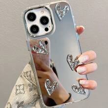 1PC,Luxury Glossy 3D Meteorite Texture Electroplated Silver Heart Cute Phone Case, Compatible With IPhone 16/15/14/13/12 Pro Max/14/15 Plus/11, With Camera Lens Cover, Waterproof, Shockproof, Drop-Resistant & Scratch-Resistant - Mirror Heart - View 3