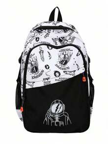Astronaut Pattern Backpack, Large Capacity Zipper Closure School Bag, Adjustable Shoulder , Short Trip Bag, , Ideal For Daily Use, Outings, Travel, School, And Back To - Multicolor - View 10