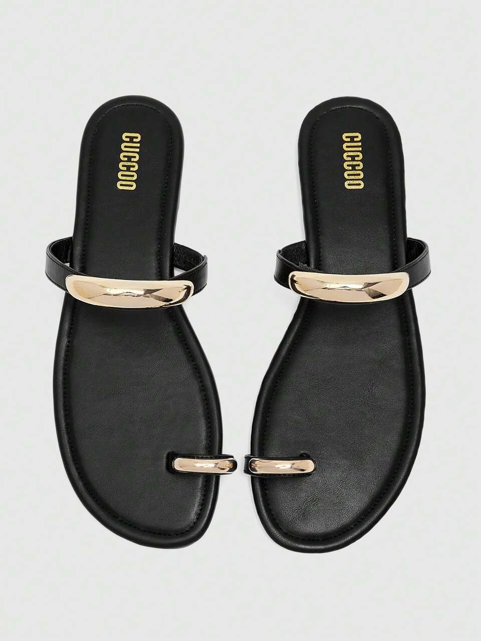 CUCCOO BIZCHIC Women's Minimalist Set Of Toe Metal Buckle Black Flat Bottom Sandals
