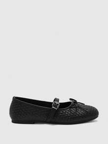 CUCCOO BIZCHIC Women's Black Woven Mary Jane Flats - Round Toe Ballet Shoes With Bow & Adjustable Buckle Strap, Comfortable Casual Dress Shoes For Work Office - Black - View 8