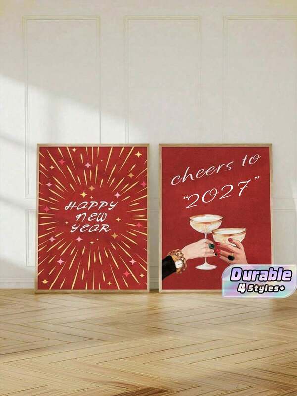2 Pieces Happy New Year Wall Art Prints, Red Background Cheers Wine Glass Illustration Poster Set, Retro New Year Holiday Canvas Home Decor, Unframed