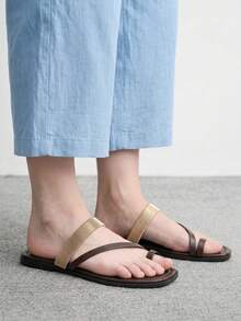 CUCCOO BIZCHIC Minimalist Dark Brown Leather Metal Spring Coil Toe Flats, Women's Elegant Casual Open-Toed Sandals - Mocha Brown - View 5