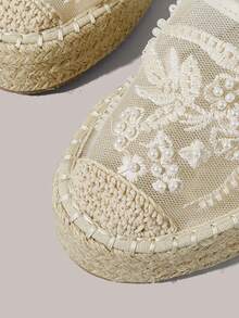 Styleloop Zapatos de mujer con suela gruesa, punta redonda, malla, bordado y perlas, estilo de vacaciones en la playa - Albaricoque - Ver 5