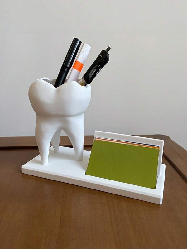 1PC Durable Resin Desk Pen Holder With Business Card Slot Tooth Shape Decorative Organizer For Office Desk Dental Clinic Dentist Gift Desktop Storage Rack Stationery Holder