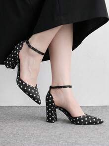 CUCCOO BIZCHIC 女款新款黑色波點緞面布料簡約優雅尖頭粗跟高跟鞋，女款扣環腳踝帶鏤空涼鞋，優雅 - 黑色波點 - 查看 3