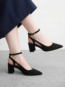 CUCCOO BIZCHIC Black Flannel Party Commute Simple Fashion Glossy Closed Toe Pointed Toe Exposed Heel Thin Ankle Strap High Heel Medium Thick Heel Shoes - Black - View 1