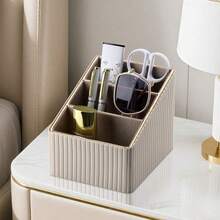 Luxury Vertical Striped 3-Slot Remote Control Box, Pu Leather Desktop Storage Organizer For Tv, Cd, Media Players, Controllers, And Office/Cosmetic Items, Back To School - Multicolor - View 5