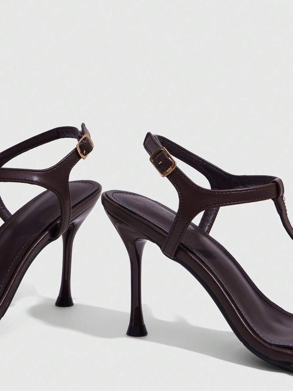 CUCCOO SZL Summer New Coffee Brown T-Word With Stiletto Sandals Women, French Open-Toe Buckle With High Heels, Showing Long Legs