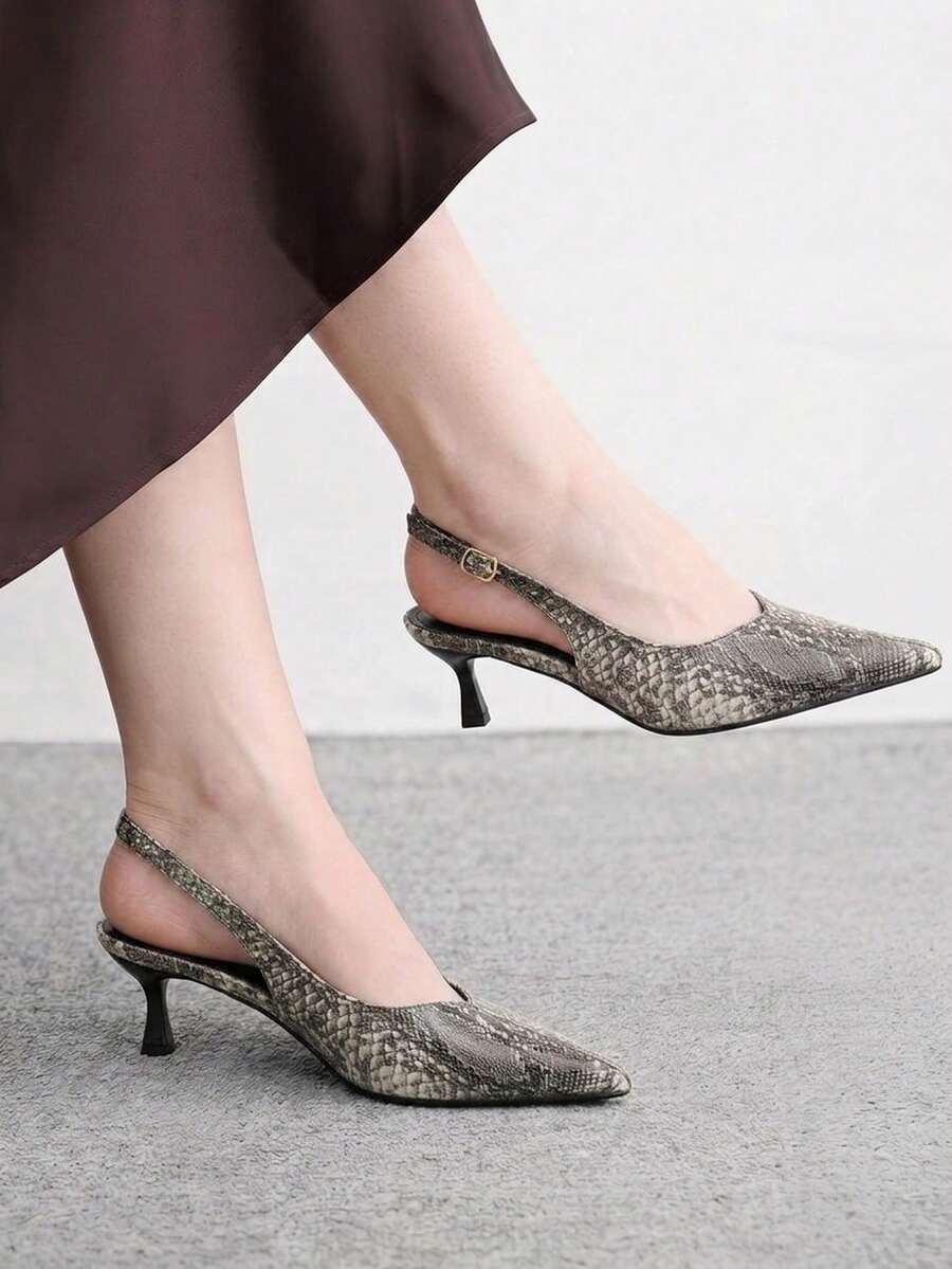 CUCCOO BIZCHIC French Light Luxury Snake Pattern Pointed Back Strap Retro Elegant Fine Heel Commuter Kitten And Shoes - Grey - View 1